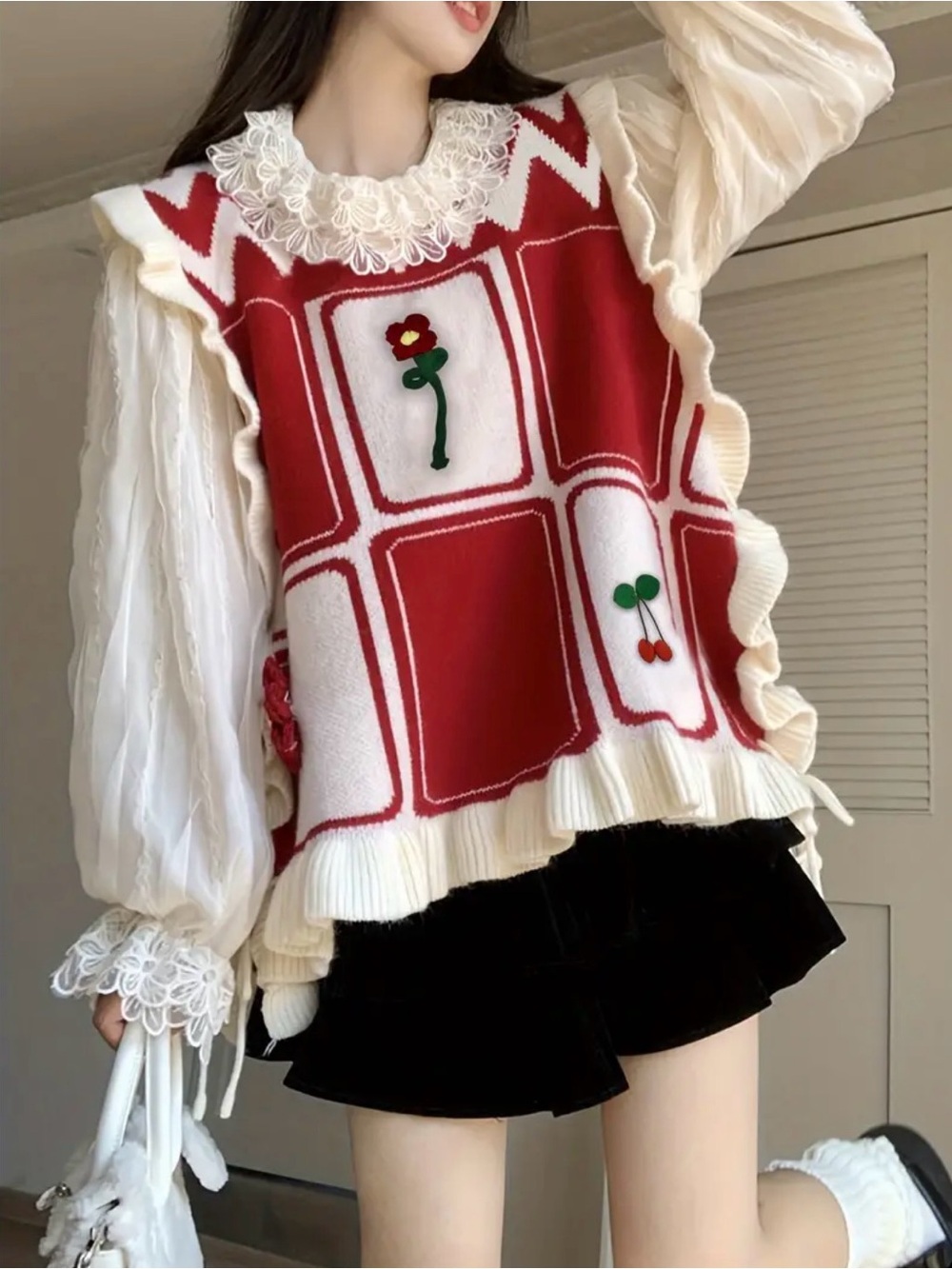 Red and Cream Floral Patch Knit Vest Sweater - Women's Sleeveless Layering Top